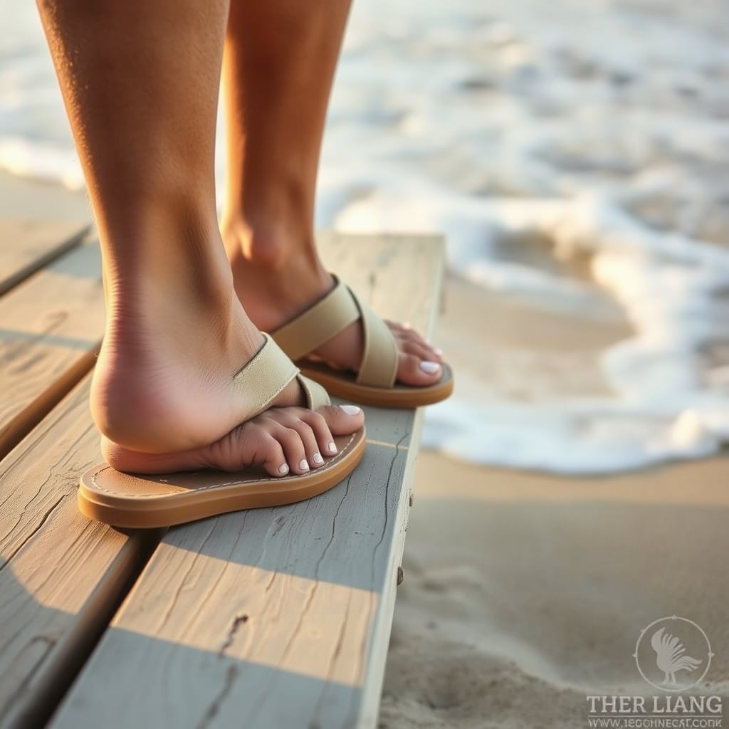 reef sandals durability — Worn Reef sandals resting on wooden beach boards with ocean waves in soft focus behind.