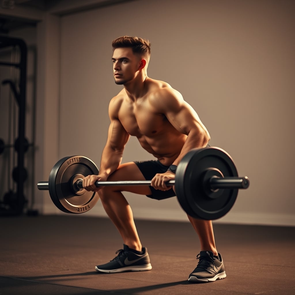resistance training terms — Person performing a barbell squat with proper form in a gym setting.