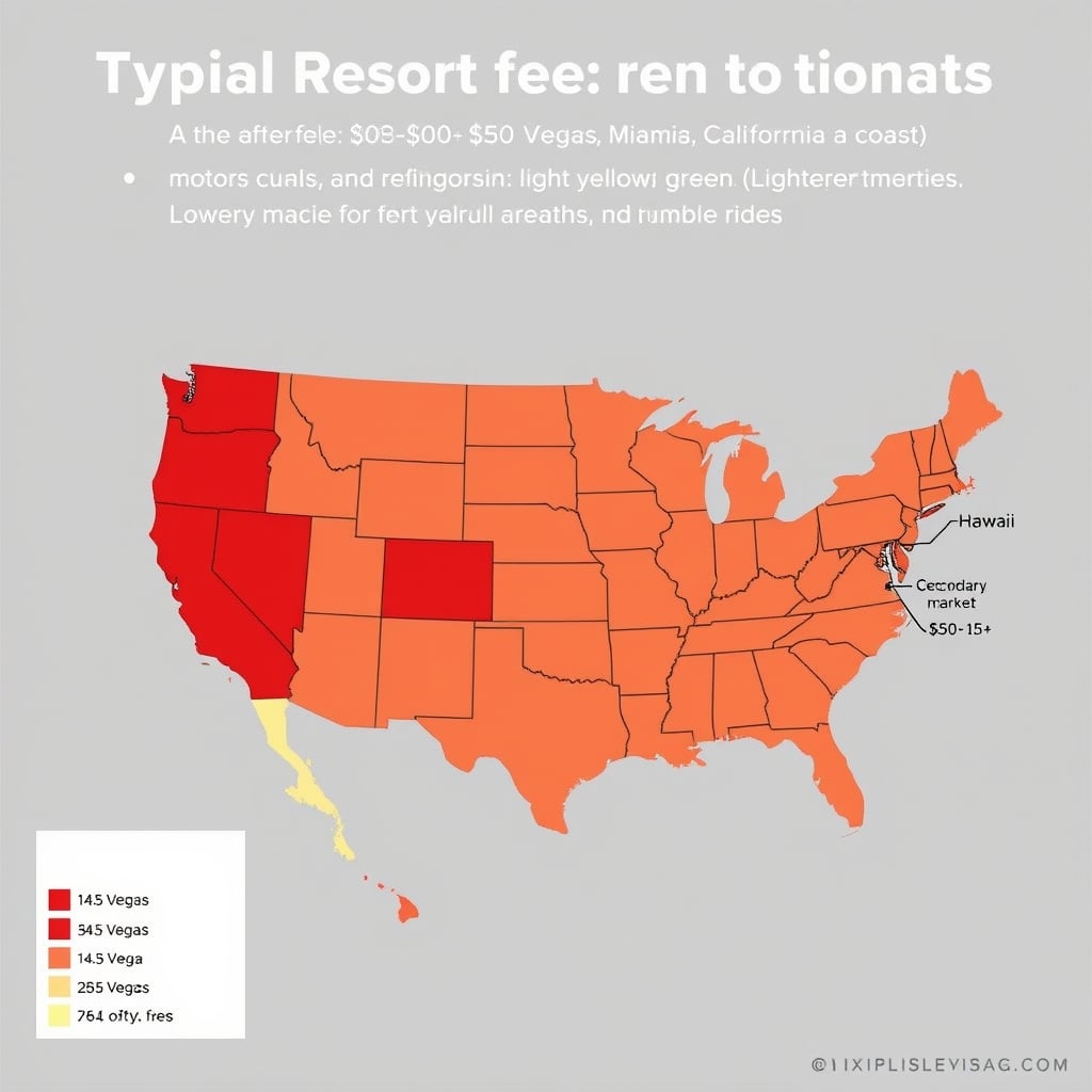 resort fees — US map showing resort fee ranges by region, with Las Vegas, Hawaii, Miami, and coastal cities highlighted as highest-fee markets.