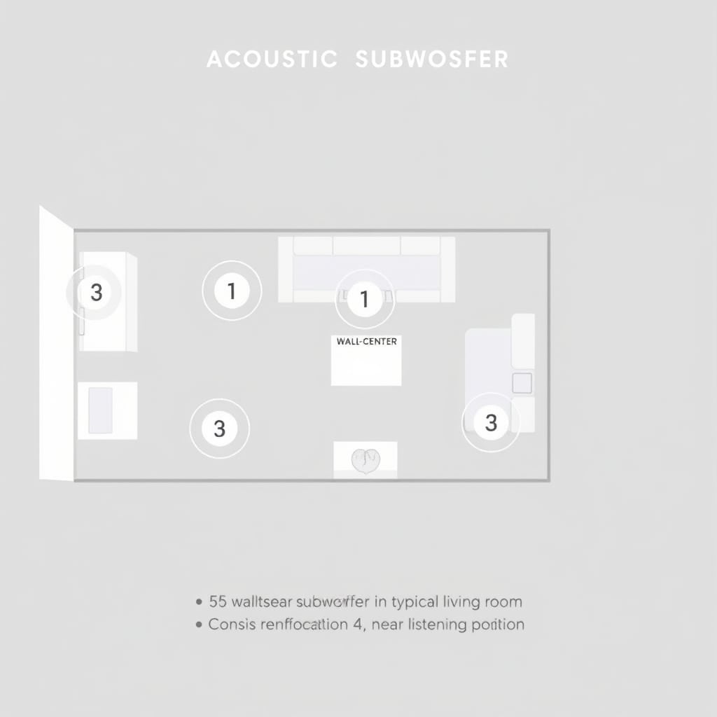 room acoustics bass — Floor plan showing five test positions for subwoofer placement numbered and arranged around a listening seat.