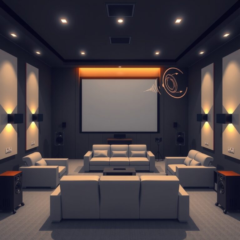 room correction audio — Home theater room with strategically positioned speakers, acoustic treatment, and comfortable seating arrangement.