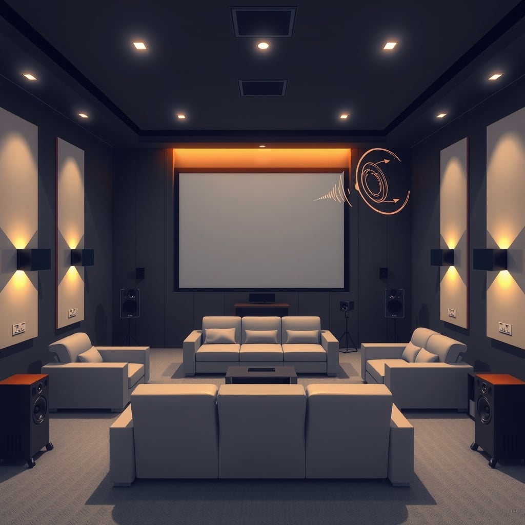 room correction audio — Home theater room with strategically positioned speakers, acoustic treatment, and comfortable seating arrangement.