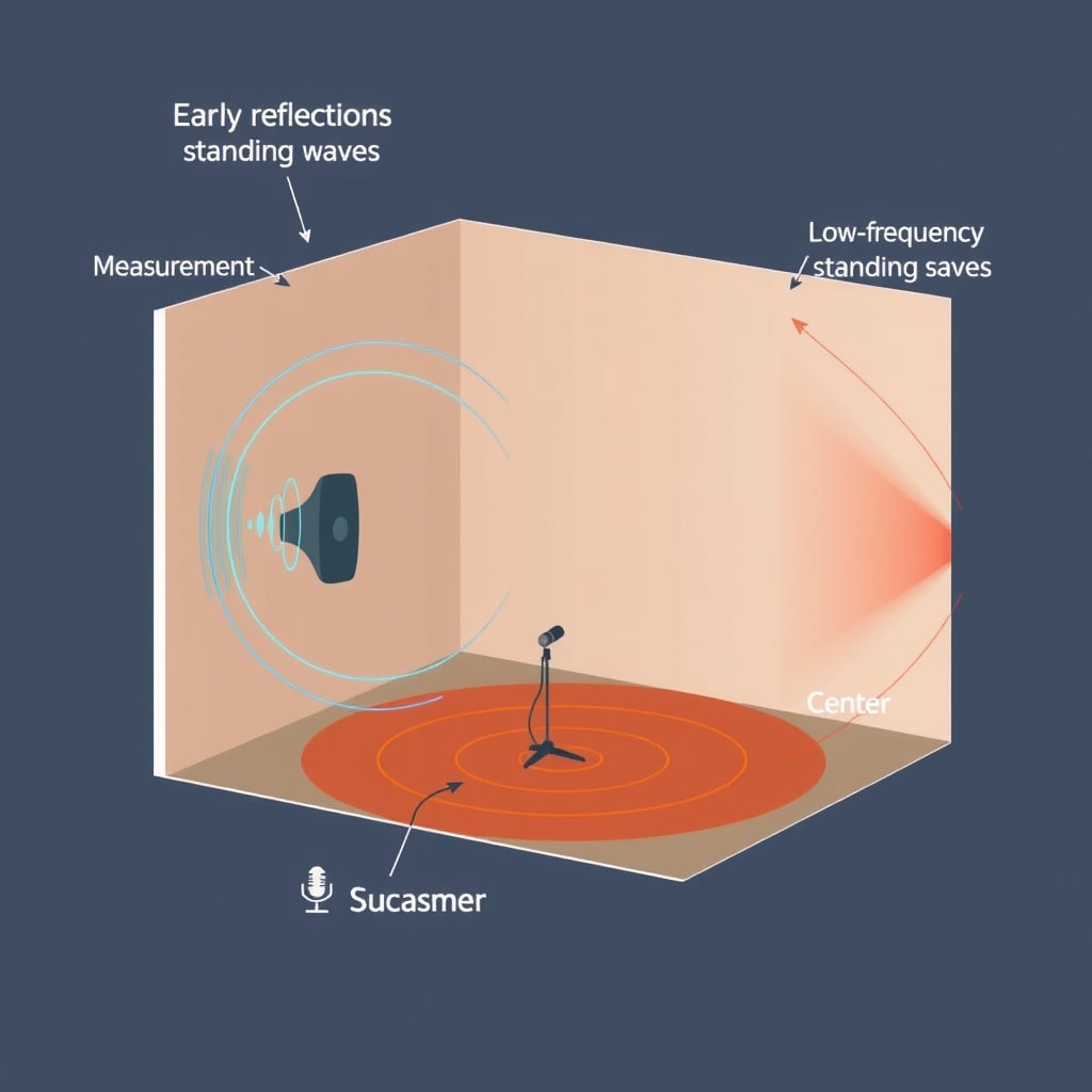room correction — Room cutaway showing speaker sound waves, wall reflections, and bass standing wave zones in different colors.