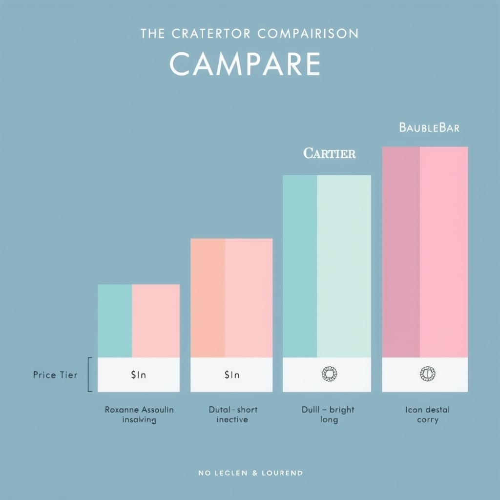 Roxanne Assoulin worth it — Visual brand comparison showing relative price, durability, and crystal quality across Roxanne Assoulin and three competitor brands using color-coded bar segments.