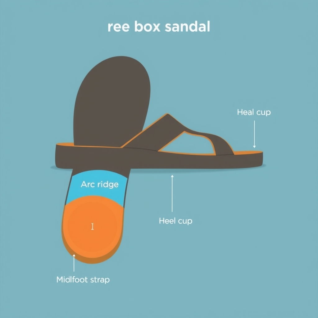 sandals for wide feet — Diagram showing four key sandal features: wide toe box, arch ridge, heel cup depth, and midfoot strap placement.