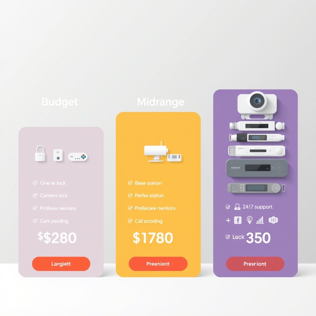 security cameras home automation — Price tiers comparison: Budget shows one lock and camera, Mid-range shows multiple integrated devices, Premium shows full professional setup.