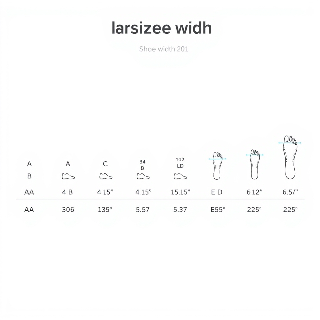 shoe width sizing guide — Visual chart showing progression of shoe width letters from AA (extra-narrow) to EEE (triple-extra-wide) using proportional foot silhouettes.