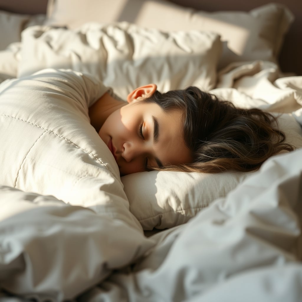 shredded memory foam pillow — Person sleeping on a pillow with neutral neck alignment in a bright, peaceful bedroom.