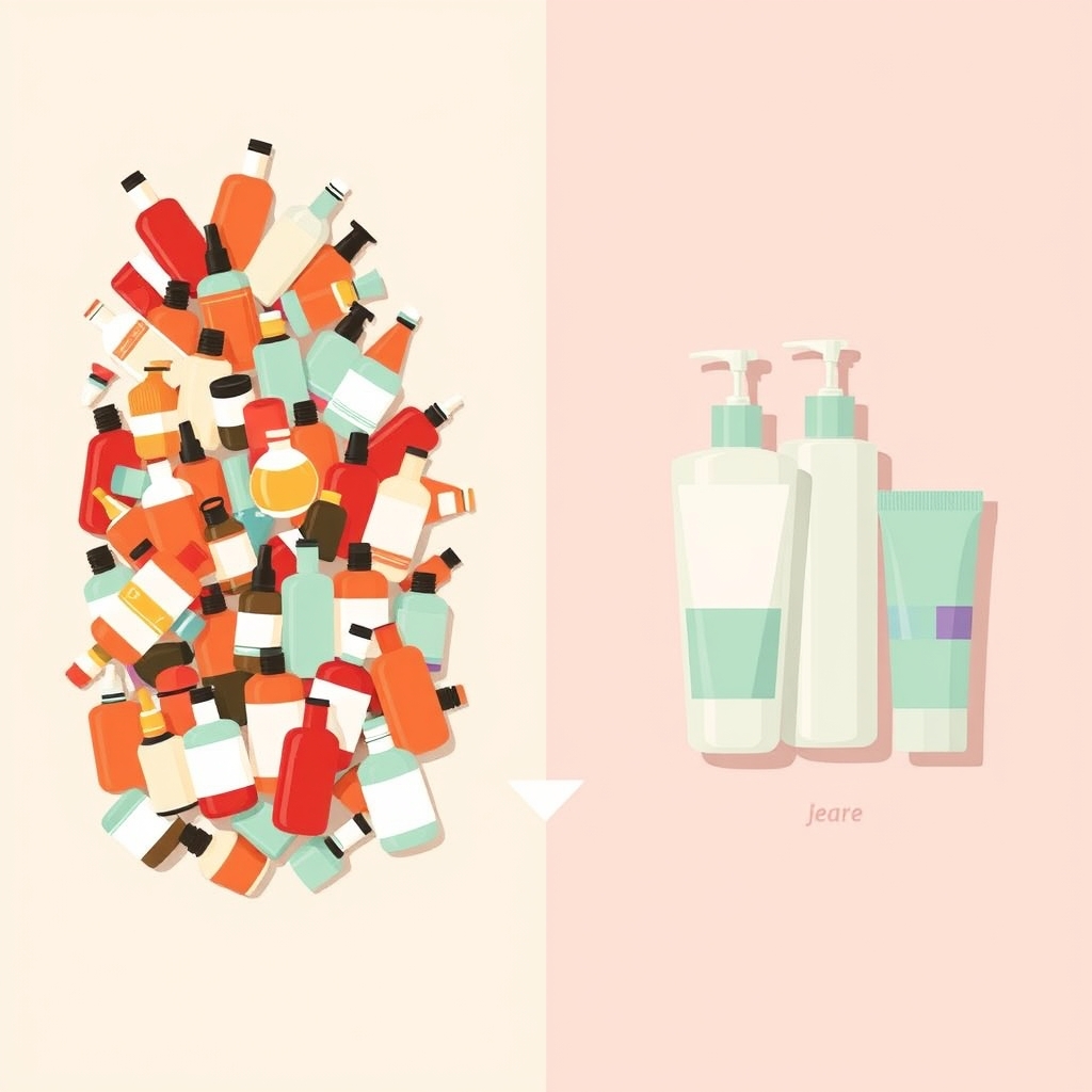 skin damage from products — Vector comparison of over-complicated skincare routine versus simplified three-step routine showing visual contrast between chaos and calm.