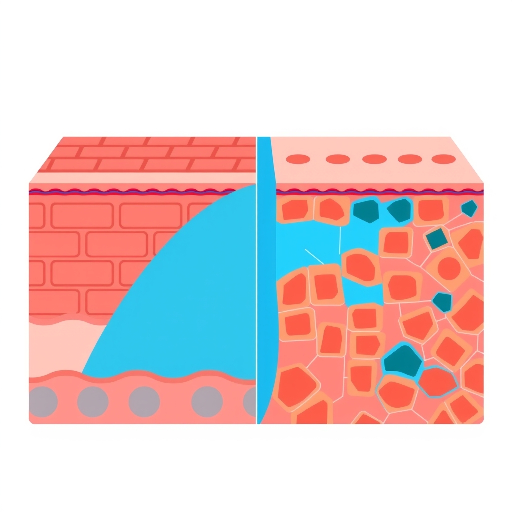 skincare routine mistakes — Cross-section diagram comparing intact skin barrier versus damaged barrier showing lipid depletion and cell fragmentation.
