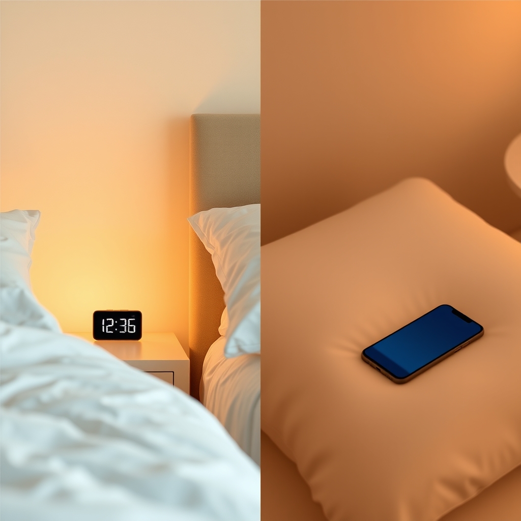 sleep cycle app — Split comparison of a bedside alarm clock device on left and smartphone on pillow on right.