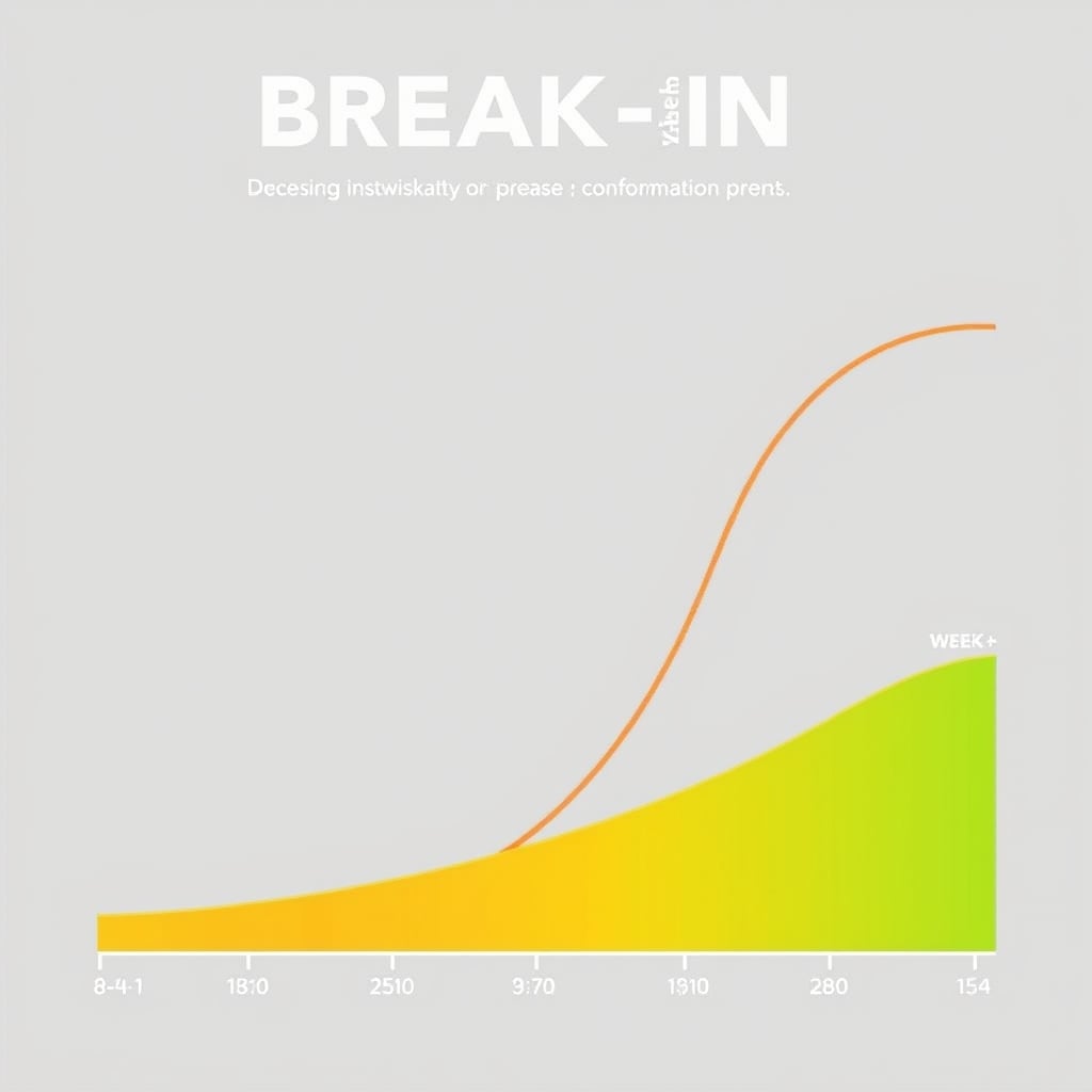 slip-resistant work boots women — Timeline chart showing Xtratuf boot break-in period progressing from painful (red) through adjustment (orange/yellow) to comfortable (green) over 15+ days.