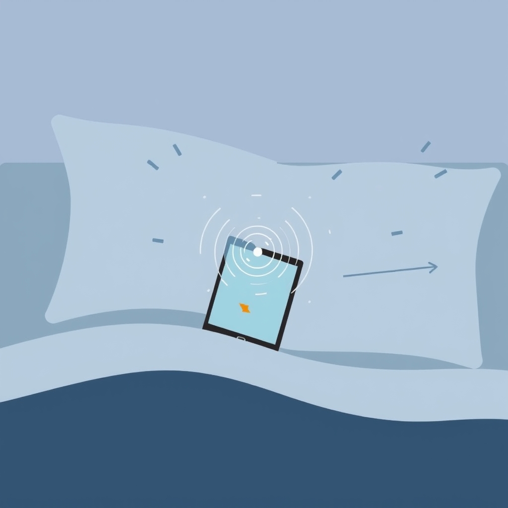 smart alarm clock — Smartphone on pillow with motion sensor waves illustrating accelerometer detection.