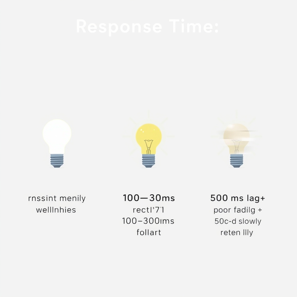 smart bulbs — Three bulb icons showing response time differences: instant, smooth, and visibly slow dimming transitions.