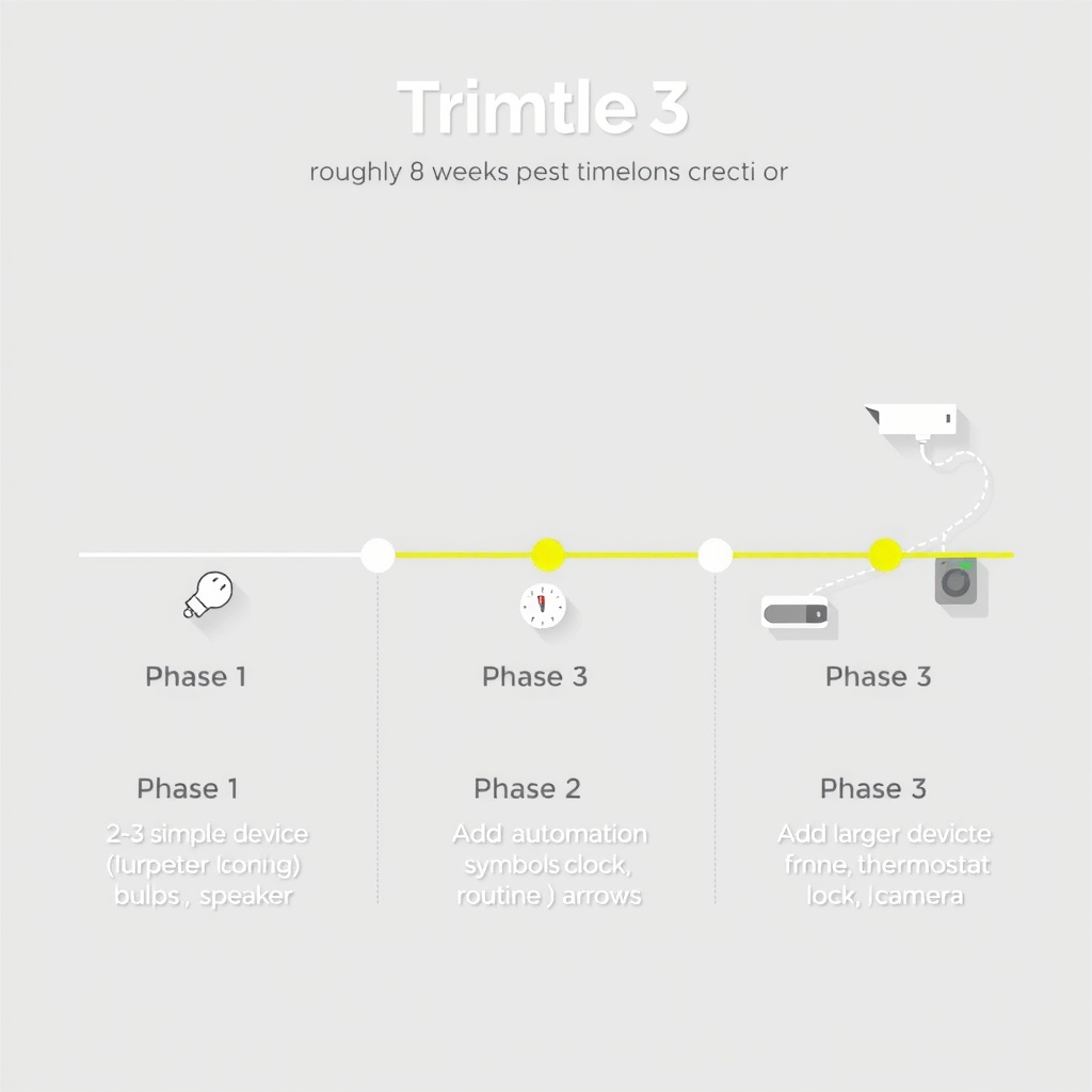 smart home for beginners — Three-phase smart home expansion timeline showing progression from basic devices to automation to advanced integration.