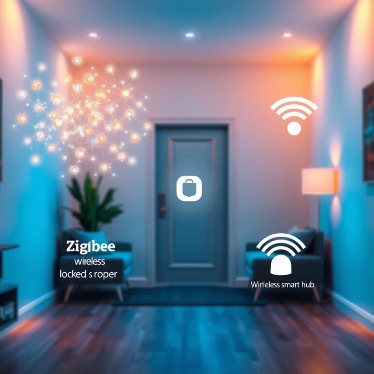 smart home protocol comparison — Home interior illustration showing four wireless protocol zones: Zigbee mesh, Z-Wave lock, WiFi signals, and Matter hub in different areas.