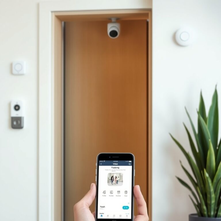 smart home security integration — Smart home security devices integrated on a modern home entryway with smartphone app control visible.
