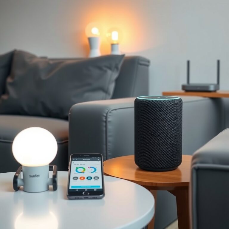 smart home setup — Smart home hub setup with Echo speaker, smartphone app interface, and smart lighting in a modern living room.
