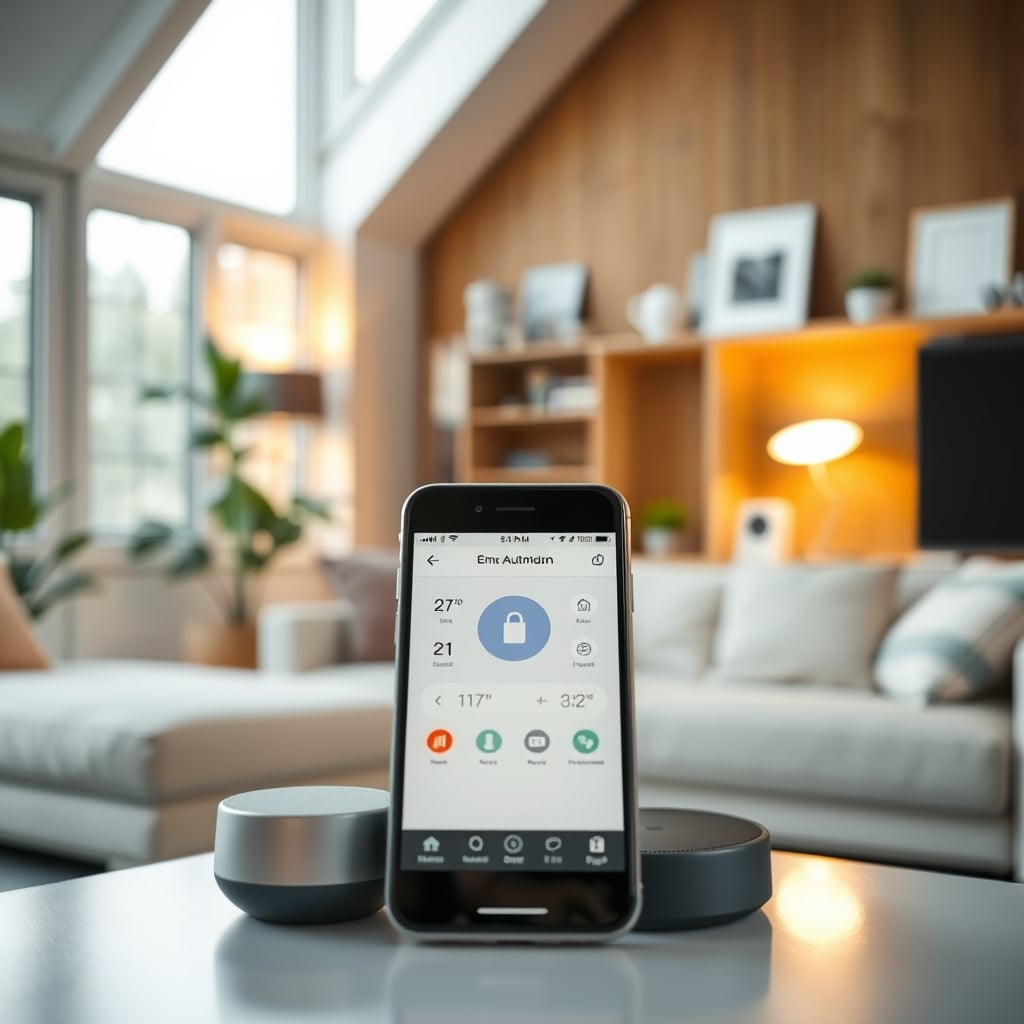 smart home setup — Modern living room with smartphone showing home automation app interface surrounded by smart home devices.