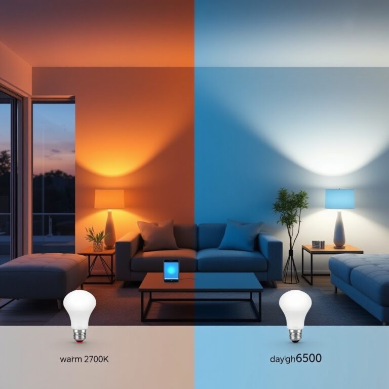smart lights — Smart bulbs demonstrating warm and cool color temperature shifts in a modern living room at different brightness levels.
