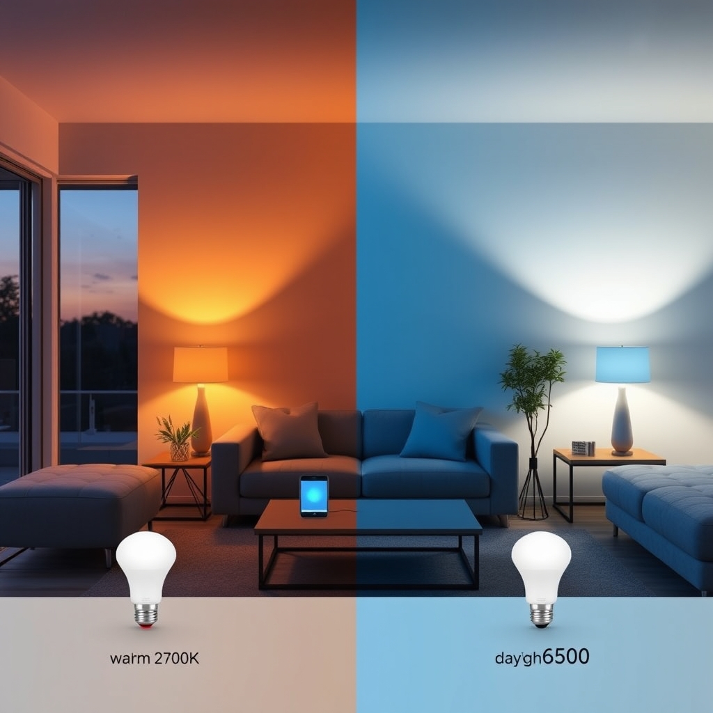 smart lights — Smart bulbs demonstrating warm and cool color temperature shifts in a modern living room at different brightness levels.