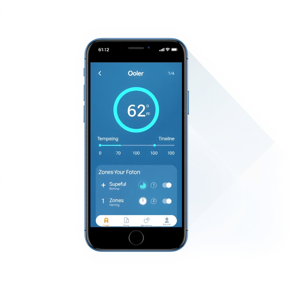 smart mattress cooling system — Smartphone screen mockup showing Ooler app with temperature controls and sleep schedule interface.