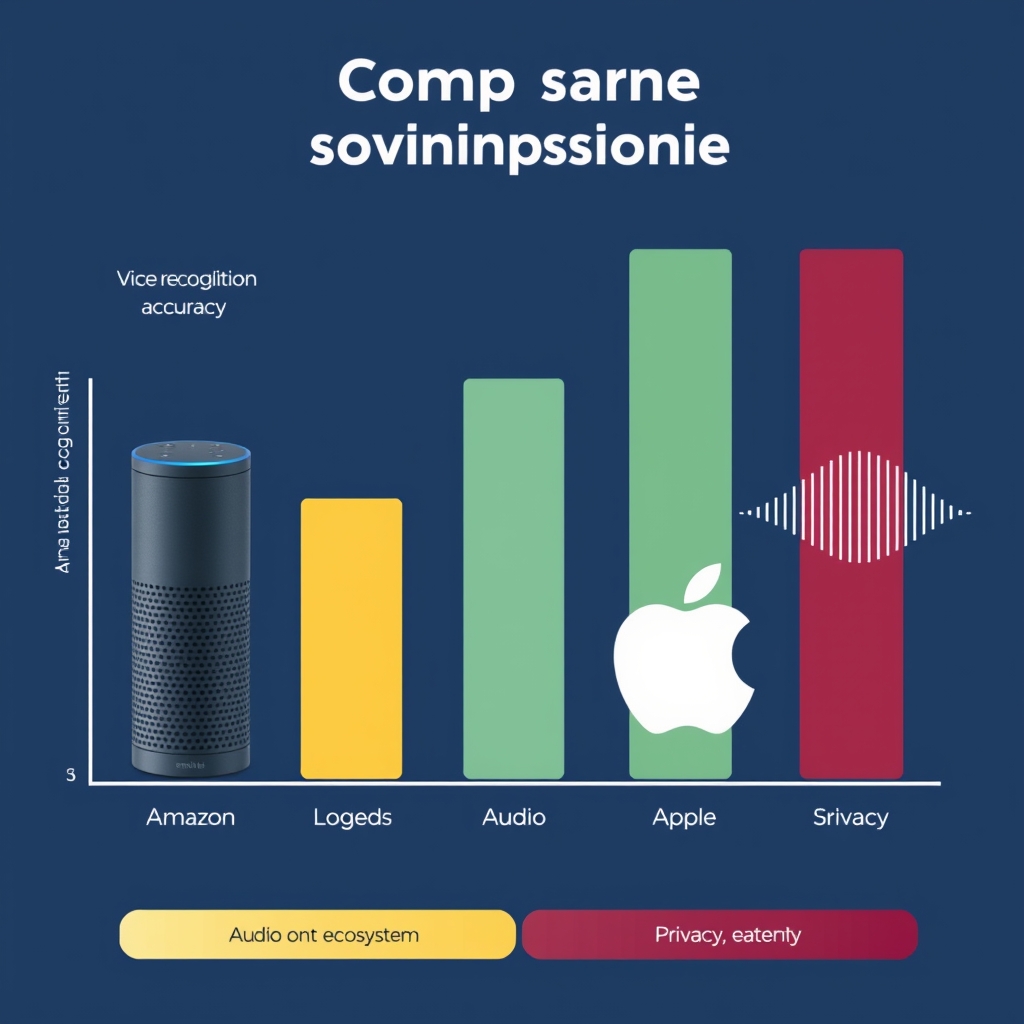 smart speaker comparison — Comparative bar chart showing four smart speaker capabilities: voice accuracy, ecosystem size, sound quality, and privacy rating across four different brands.