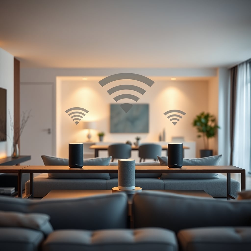 smart speaker sync — Three smart speakers arranged in a modern living room with Wi-Fi connectivity suggested through atmospheric lighting.