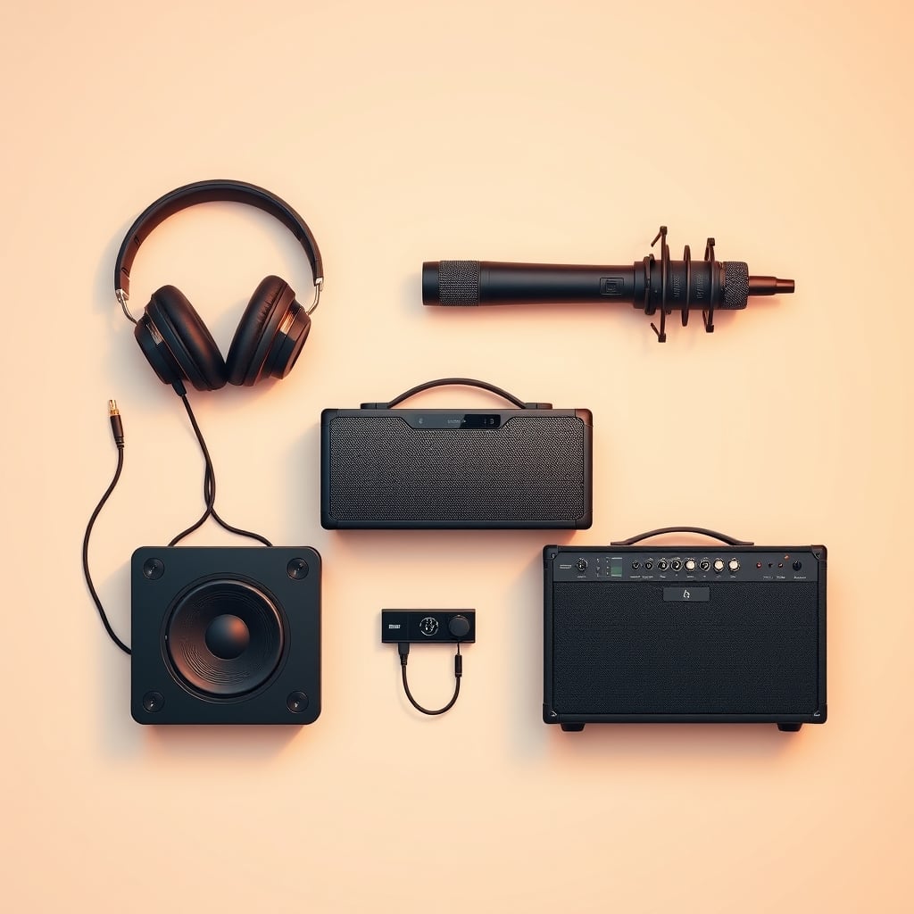 sound system types — Arrangement of four types of audio equipment: headphones, speaker, microphone, and amplifier on a neutral surface.