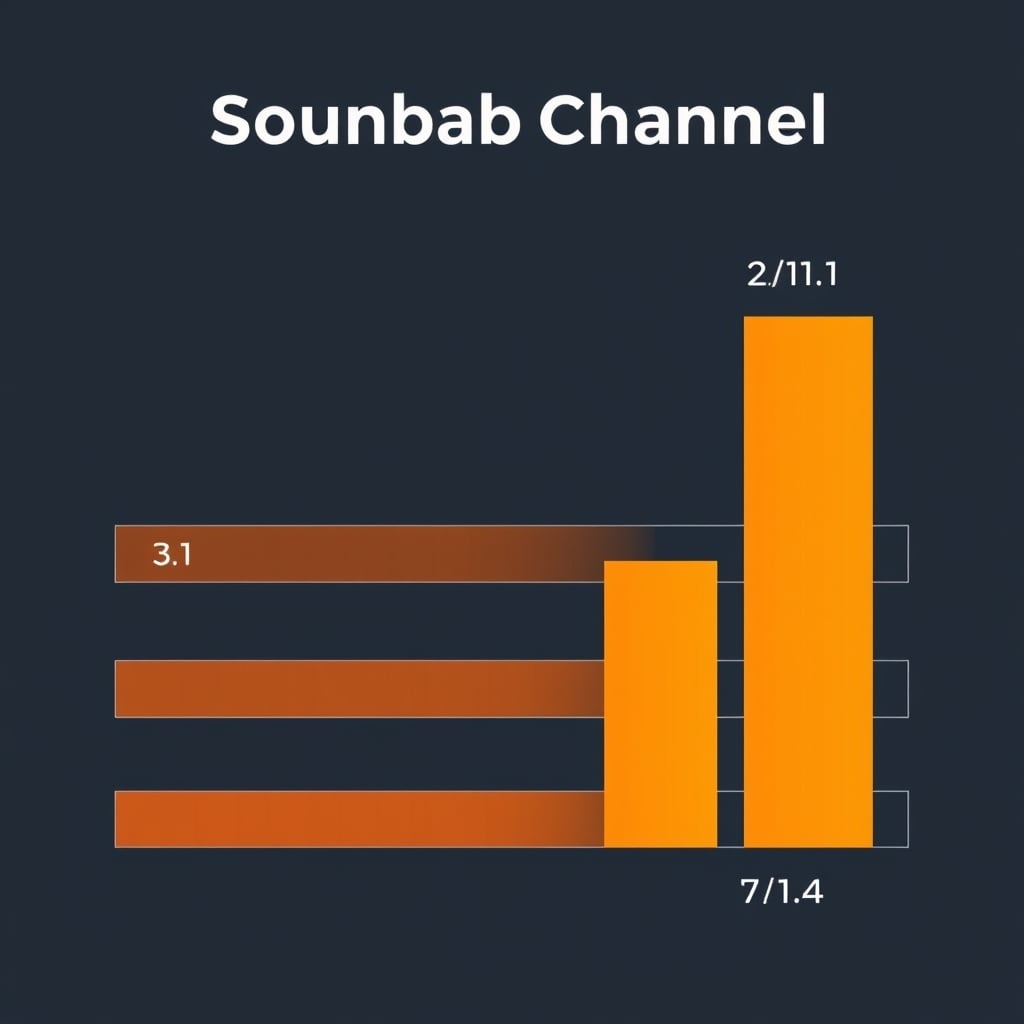 soundbar reviews — Bar chart comparing soundbar channel configurations from 2.1 to 7.1.4 with height increasing, color gradient blue to orange.