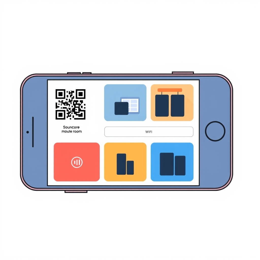 Soundcore app setup — Illustration of Soundcore app setup flow showing QR code scan, WiFi selection, room naming, and multi-room grouping steps.