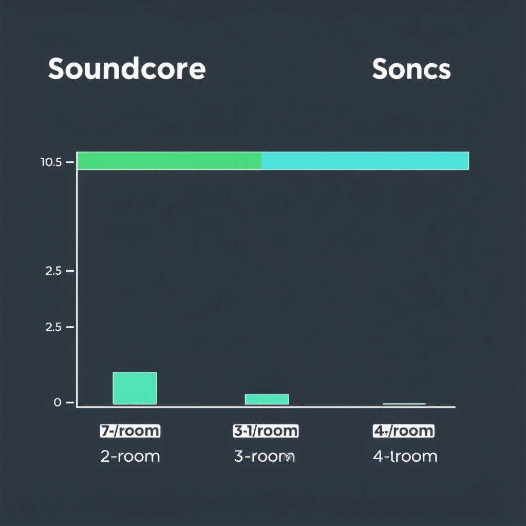 Soundcore multi-room audio system review — Cost comparison visualization showing Soundcore speakers as shorter bars relative to Sonos across different multi-room configurations.