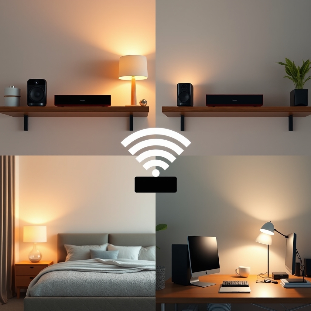 Soundcore smart speaker system — Four Soundcore speakers positioned in different rooms with WiFi signal waves connecting them, representing multi-room audio synchronization.