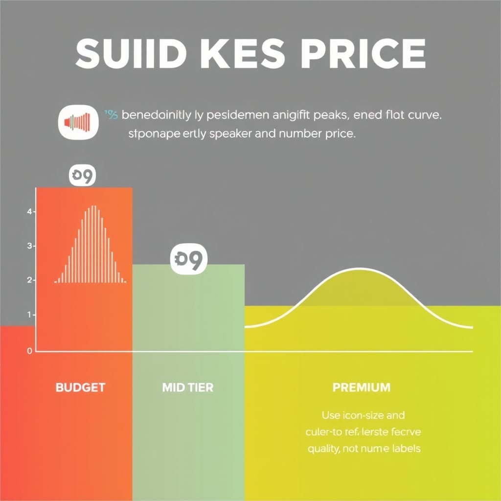 speaker audio signature — Four price-tier speakers shown as bars with increasing smoothness in frequency response curves from budget to premium.