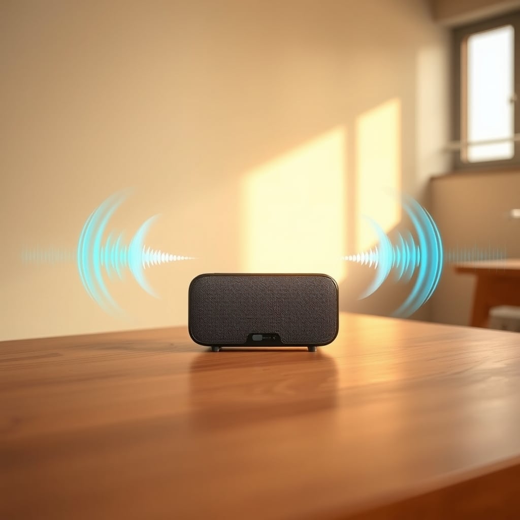 speaker audio signature — Portable speaker with visualized sound waves in blue and amber tones radiating outward on a wooden surface.