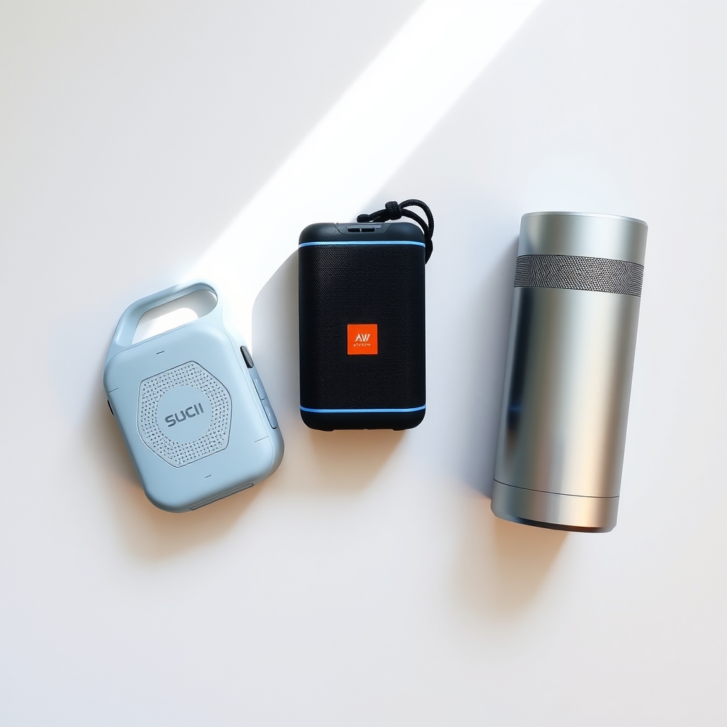 speaker cost analysis — Three portable speakers of increasing size and build quality, showing typical budget, mid-range, and premium designs.