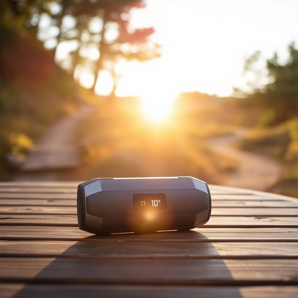 speaker mah capacity — Portable Bluetooth speaker on outdoor table with battery indicator visible and hiking trail in background