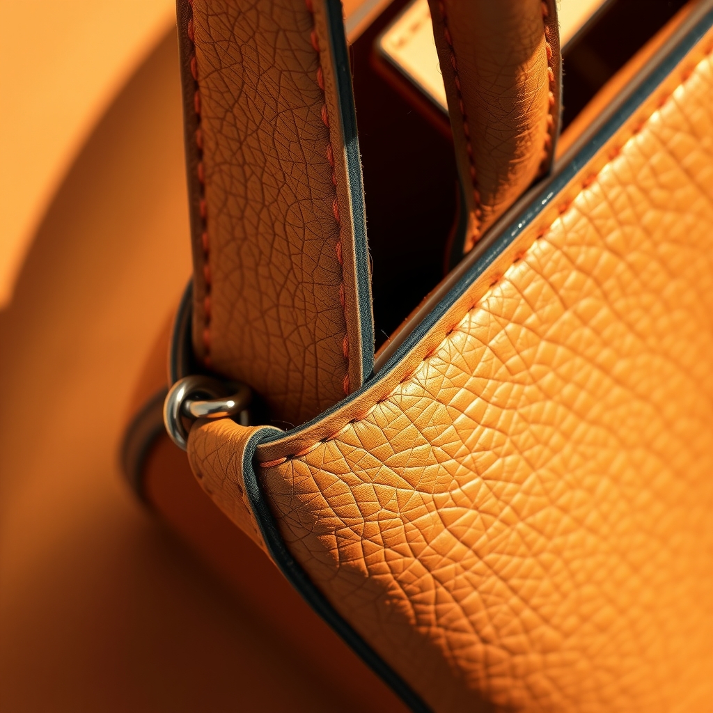spot fake designer handbag — Close-up of evenly-spaced, aligned stitching at luxury bag handle corner.