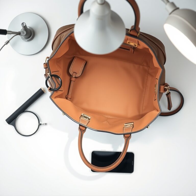spot fake designer handbag — Designer handbag with authentication tools: loupe, lamp, and smartphone on white surface.