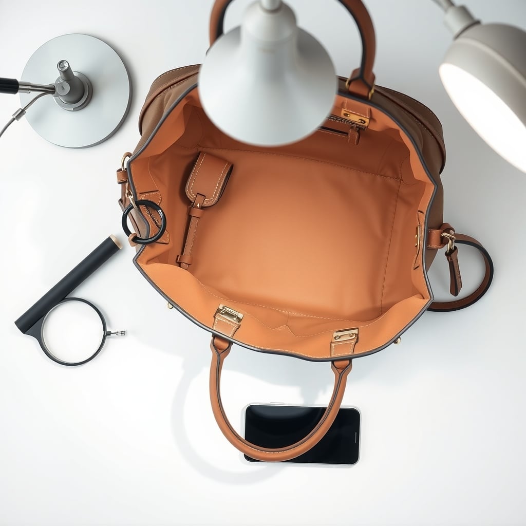 spot fake designer handbag — Designer handbag with authentication tools: loupe, lamp, and smartphone on white surface.