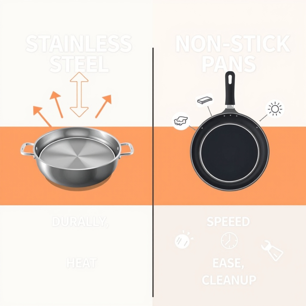stainless steel vs non-stick cookware — Side-by-side comparison of stainless steel and non-stick cookware strengths using icons and visual hierarchy.