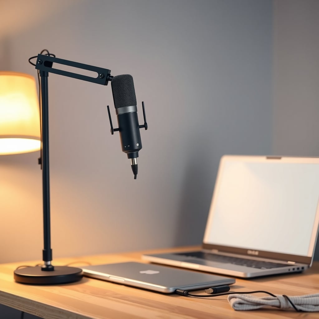 streaming microphone — Home studio setup with USB microphone on desk, laptop, and warm lighting against neutral background.