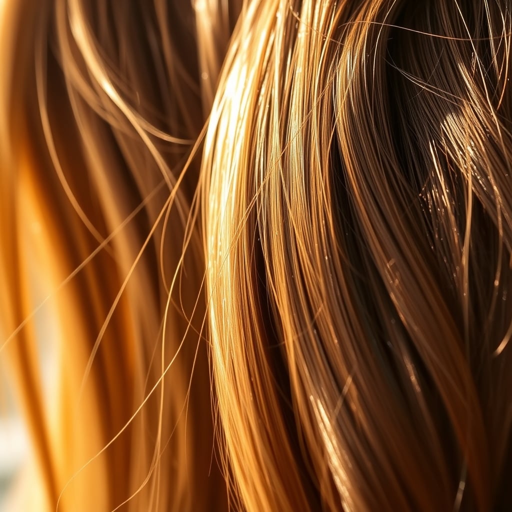 strengthening hair products — Close-up of glossy, healthy hair strands in natural light, showing texture and shine.