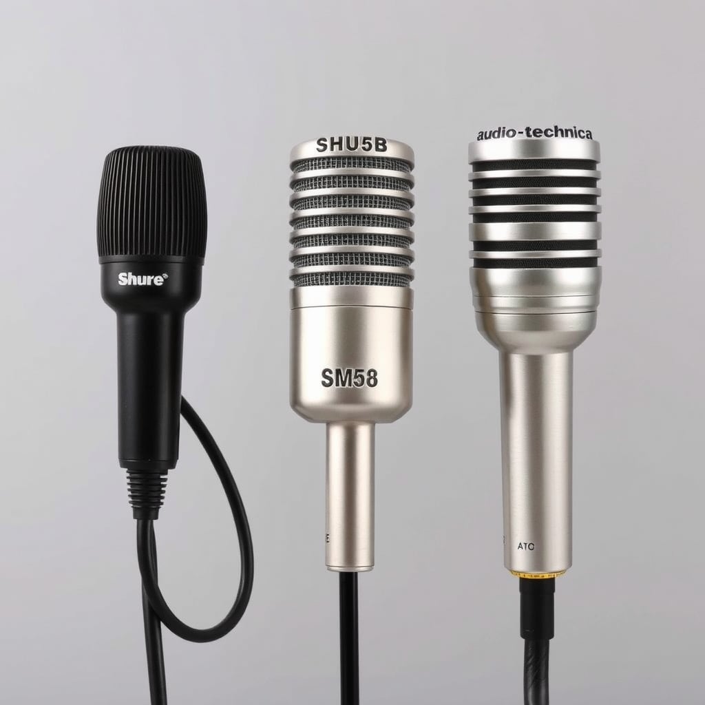 studio microphones — Three recommended microphones: SM7B, SM58, and AT2020 arranged for side-by-side comparison.