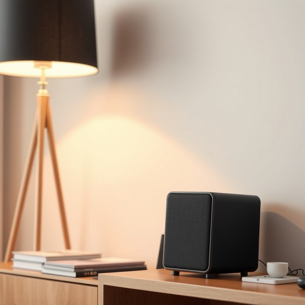 studio monitor speakers — Compact bookshelf speaker on wooden shelf in minimalist living room with books and soft lighting.