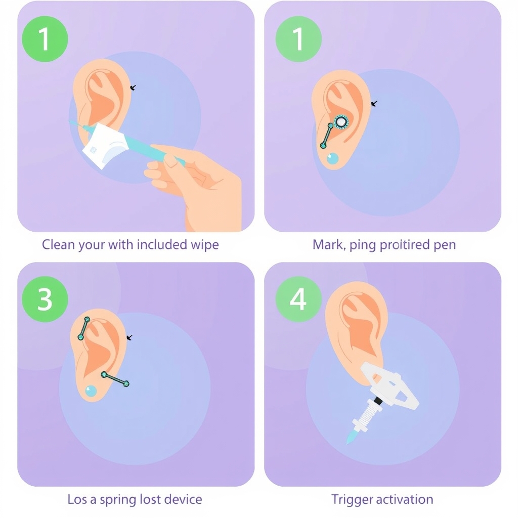 Studs piercing quality — Four-step visual guide to the Studs at-home piercing process: setup, marking, positioning, and trigger activation.