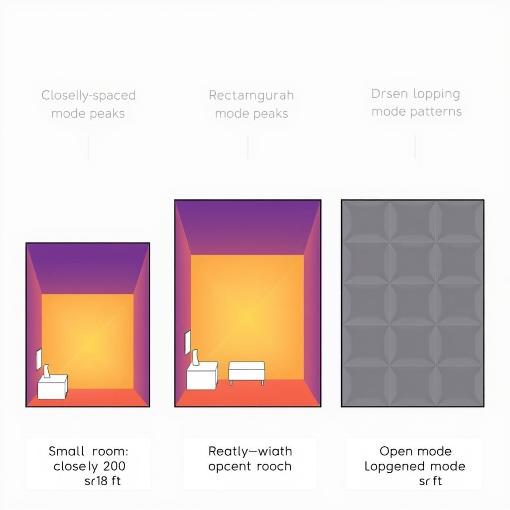 subwoofer placement guide — Three room types showing different standing wave patterns and mode distributions.