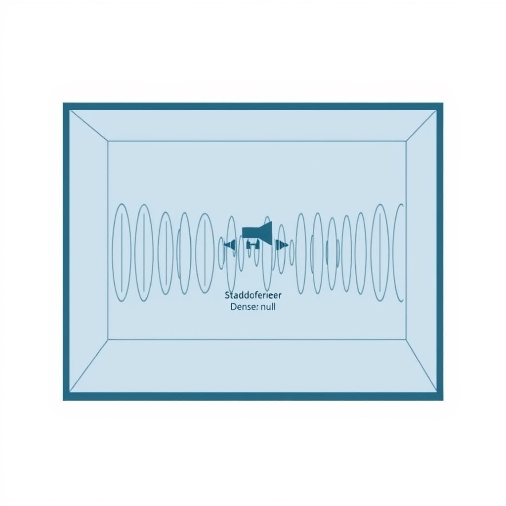 subwoofer positioning — Diagram showing standing wave patterns in a room with subwoofer at peak versus null position.