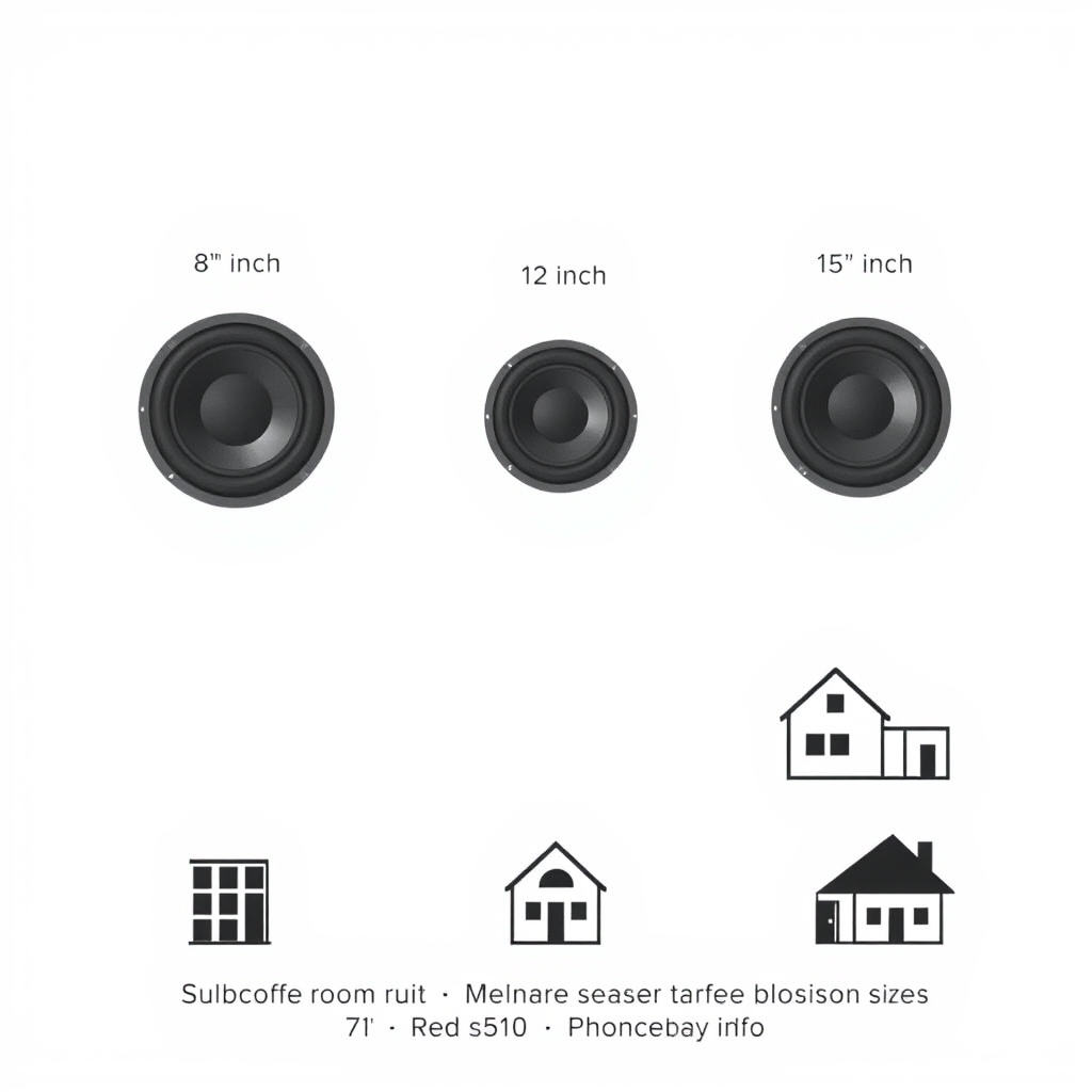 subwoofer reviews — Subwoofer driver sizes 8-inch through 15-inch shown in scale with relative room suitability icons.