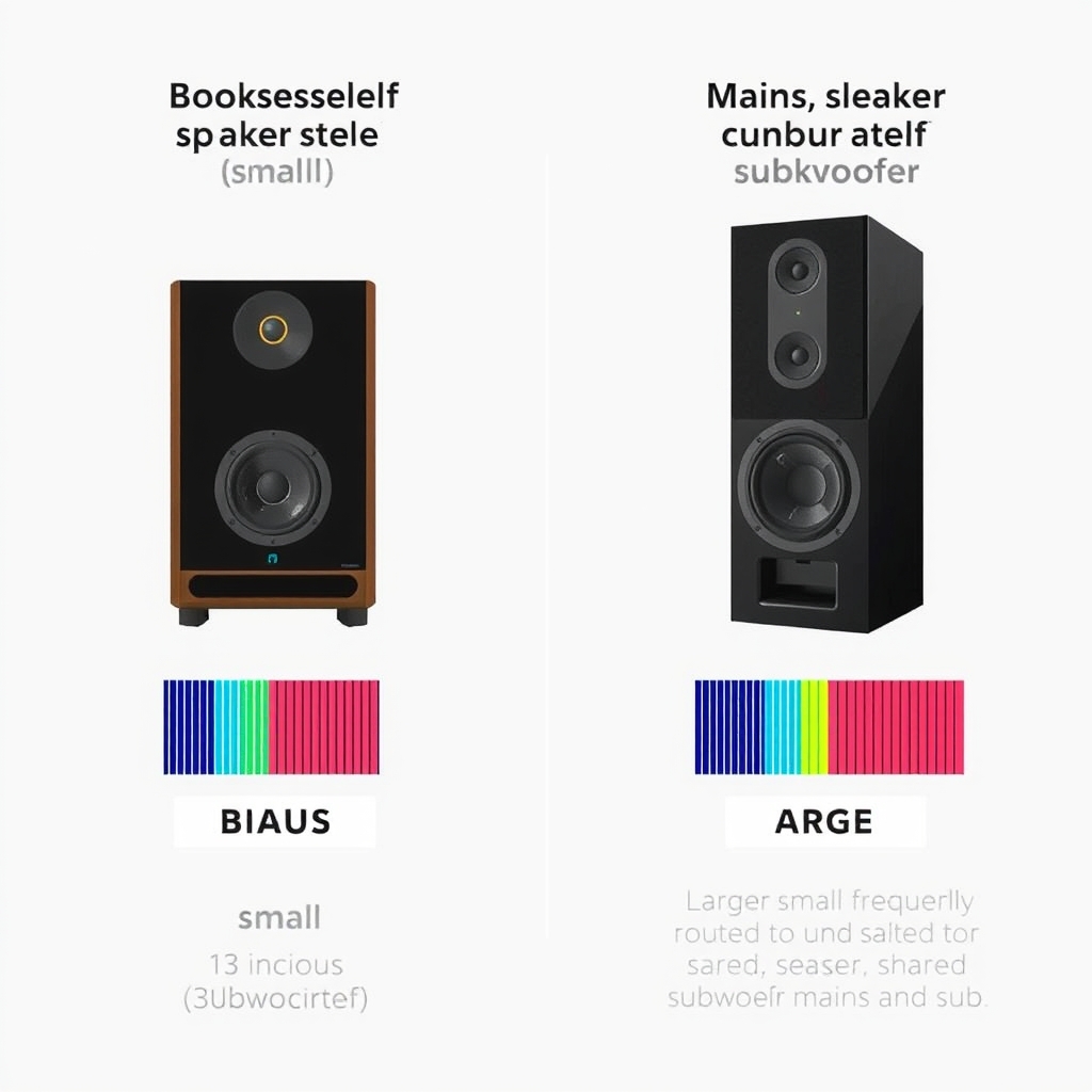 subwoofer tuning guide — Comparison of bass routing for small vs. large main speakers with subwoofer.